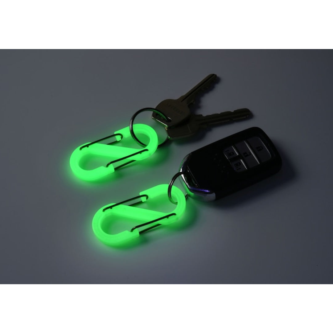 Glowing S-shaped carabiners on a key ring